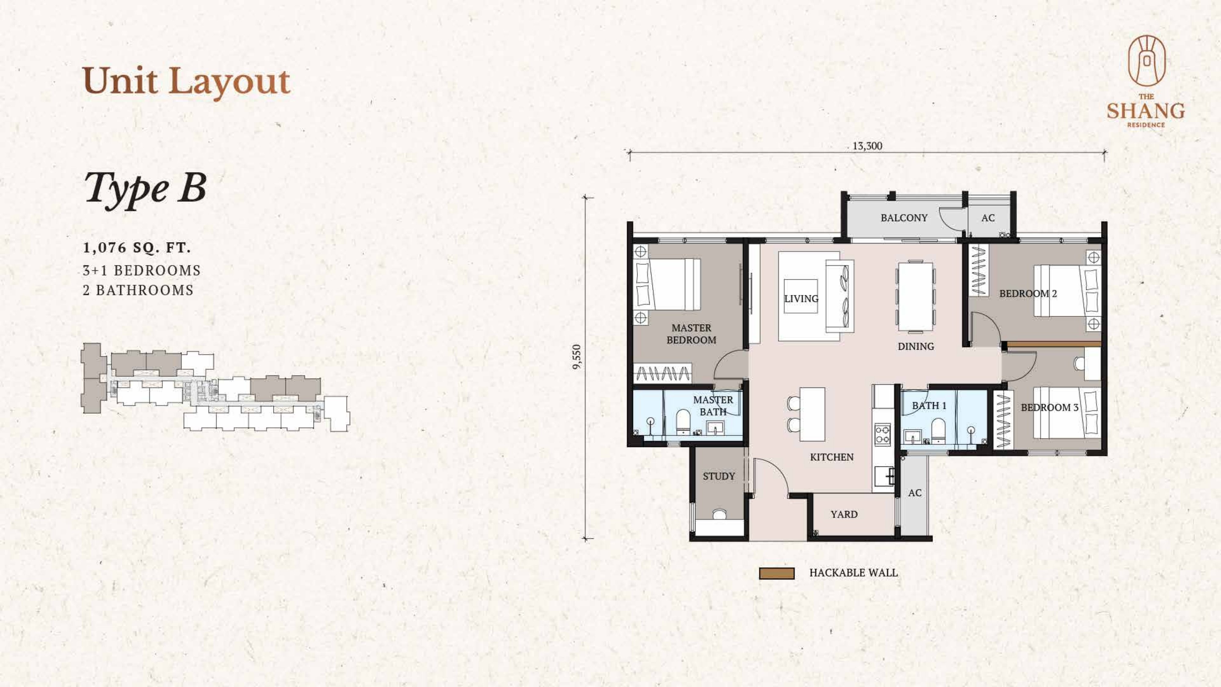 The Shang Residence Type B Floor Plan — 1,076 sq.ft 3+1 Bedrooms
