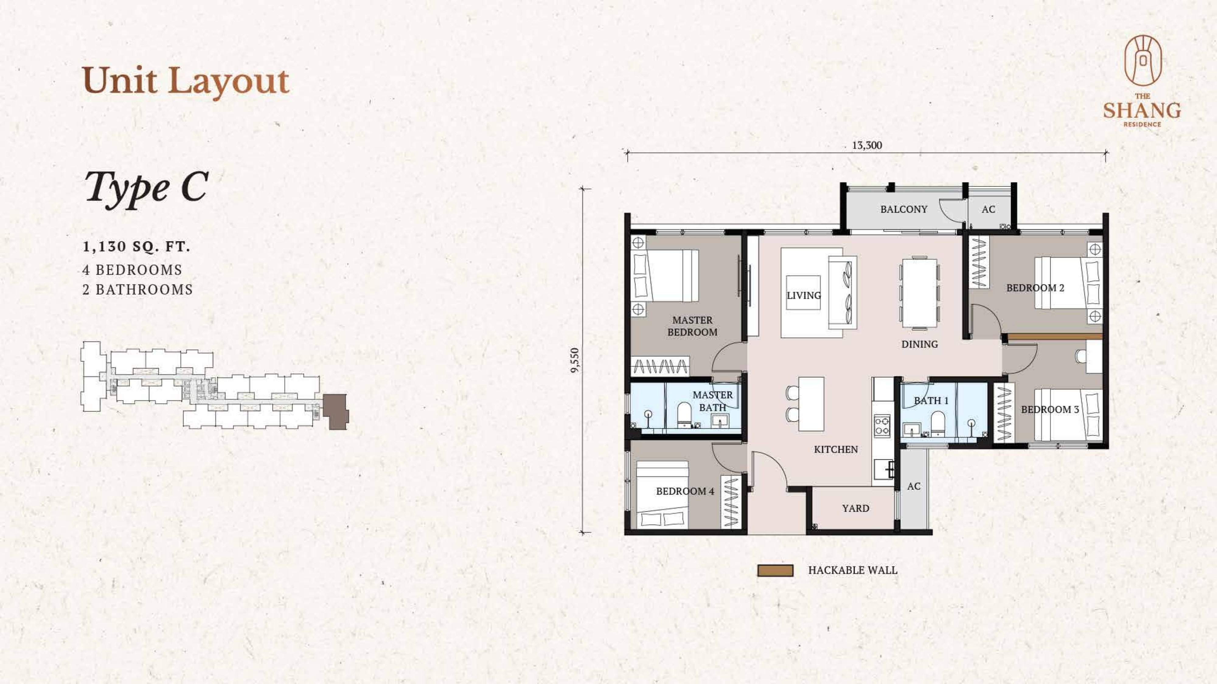 The Shang Residence Type C Floor Plan — 1,130 sq.ft 4 Bedrooms